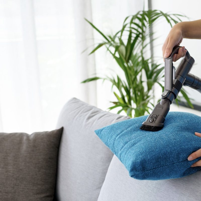 Young woman cleaning the couch in the living room, she is vacuuming the cushions using a vacuum cleaner